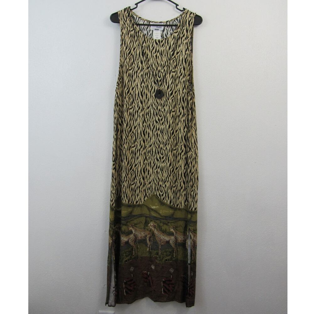 Forever, Caroline Size 12 Vintage Safari Tank Maxi Dress Animal Print Necklace